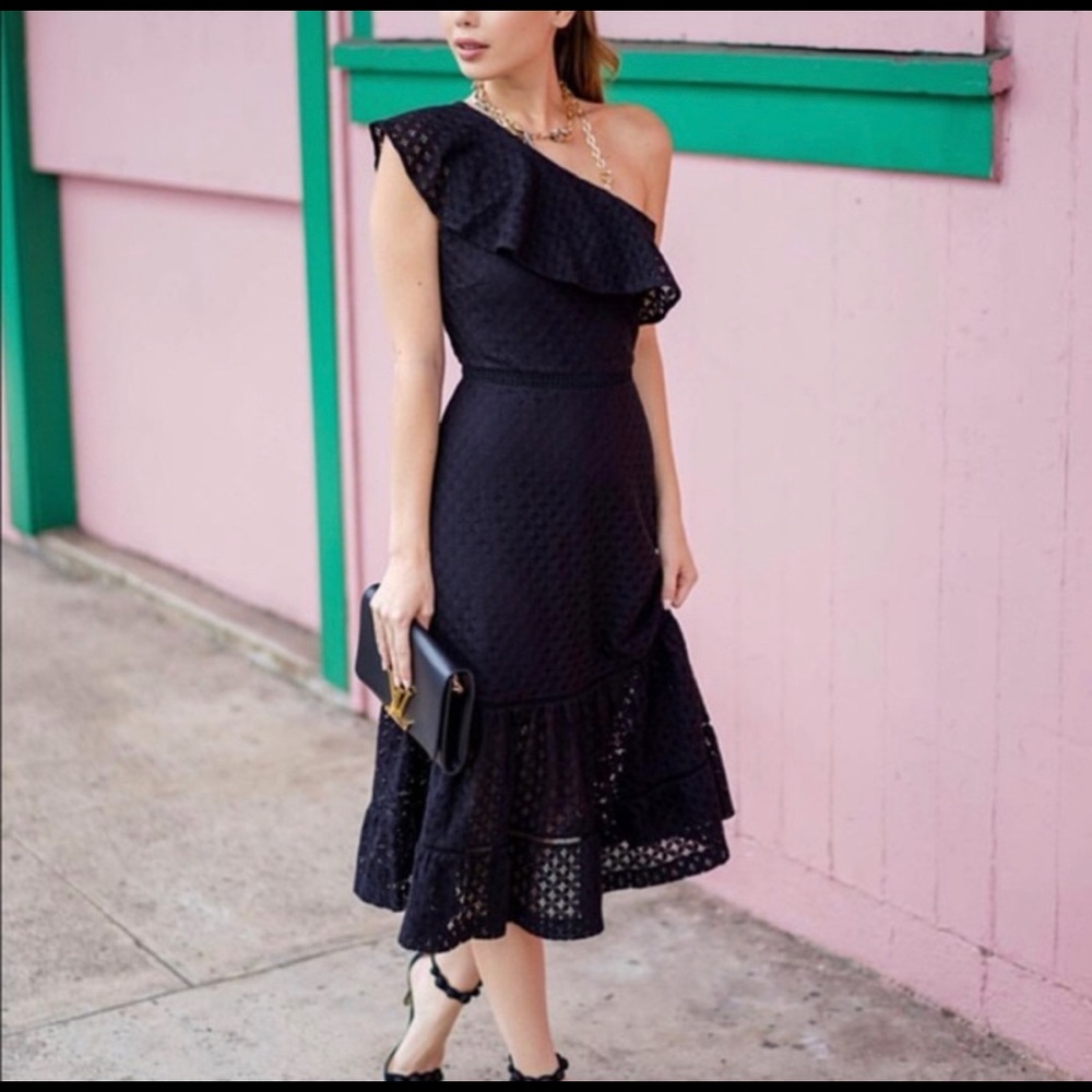 Banana Republic one shoulder eyelet black midi